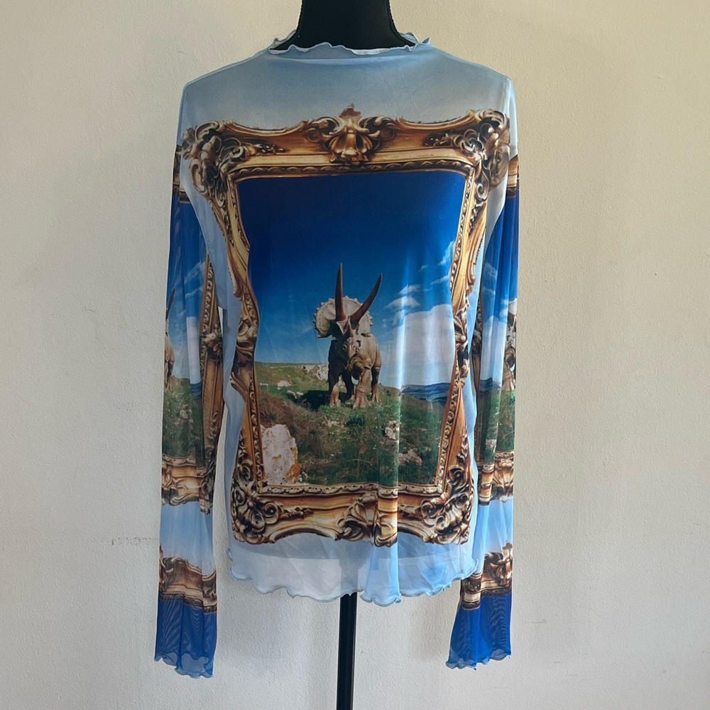 Dressed in LALA Blue and Gold Triceratops Scenic Sheer Top